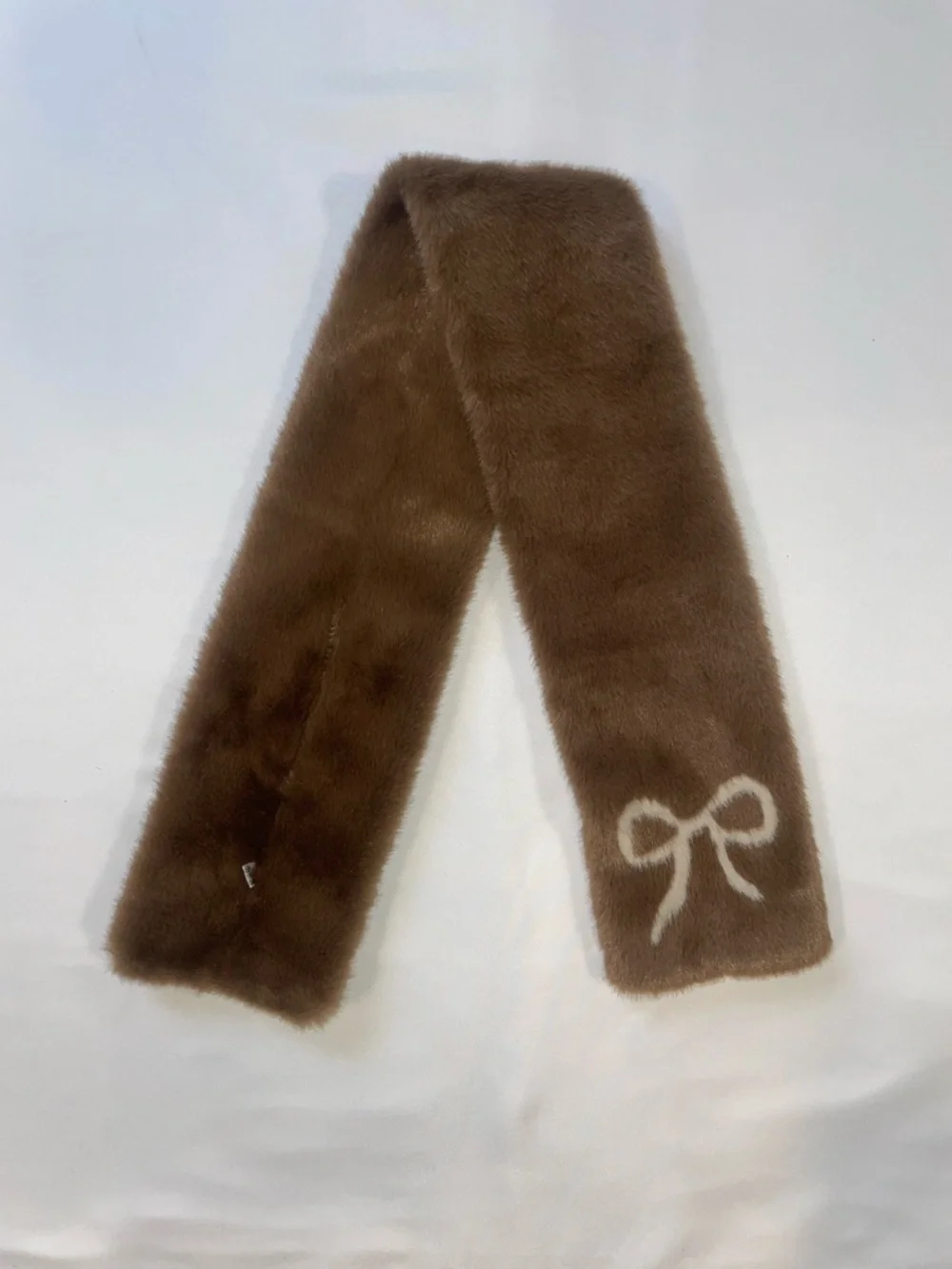 Brown Faux Fur Scarf with Bow Accent